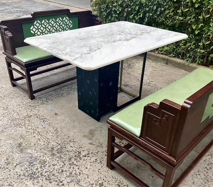 綠茶餐廳簡約新中式（shì）現（xiàn）代大理石（shí）鐵藝長方形餐桌