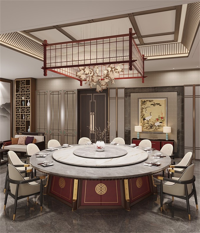 酒店會所新中式大理石台麵電動餐桌